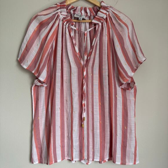Alex & Parker Size 1X Top Pink Striped Gold Specks Flutter Sleeve Ruffle Neck - Picture 1 of 13